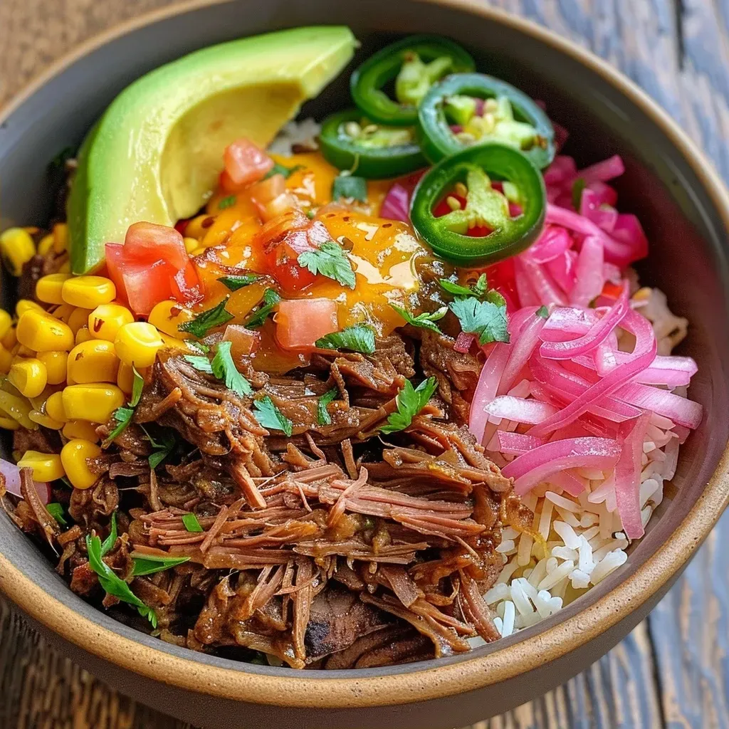 Close-up view of a Beef Barbacoa Bowl with rice, avocado, corn, and garnishes.