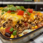 ['Close-up view of a Beef Enchilada Casserole layered with rice, garnished with green onions and cilantro.', 'Side angle of a hearty Beef Enchilada Casserole with visible layers and melted cheese on top.', 'Juicy Beef Enchilada Casserole featuring ground beef, rice, black beans, and corn, displayed in a baking dish.', 'Colorful Beef Enchilada Casserole with garnishes, showcasing layers of rice and savory ingredients.']