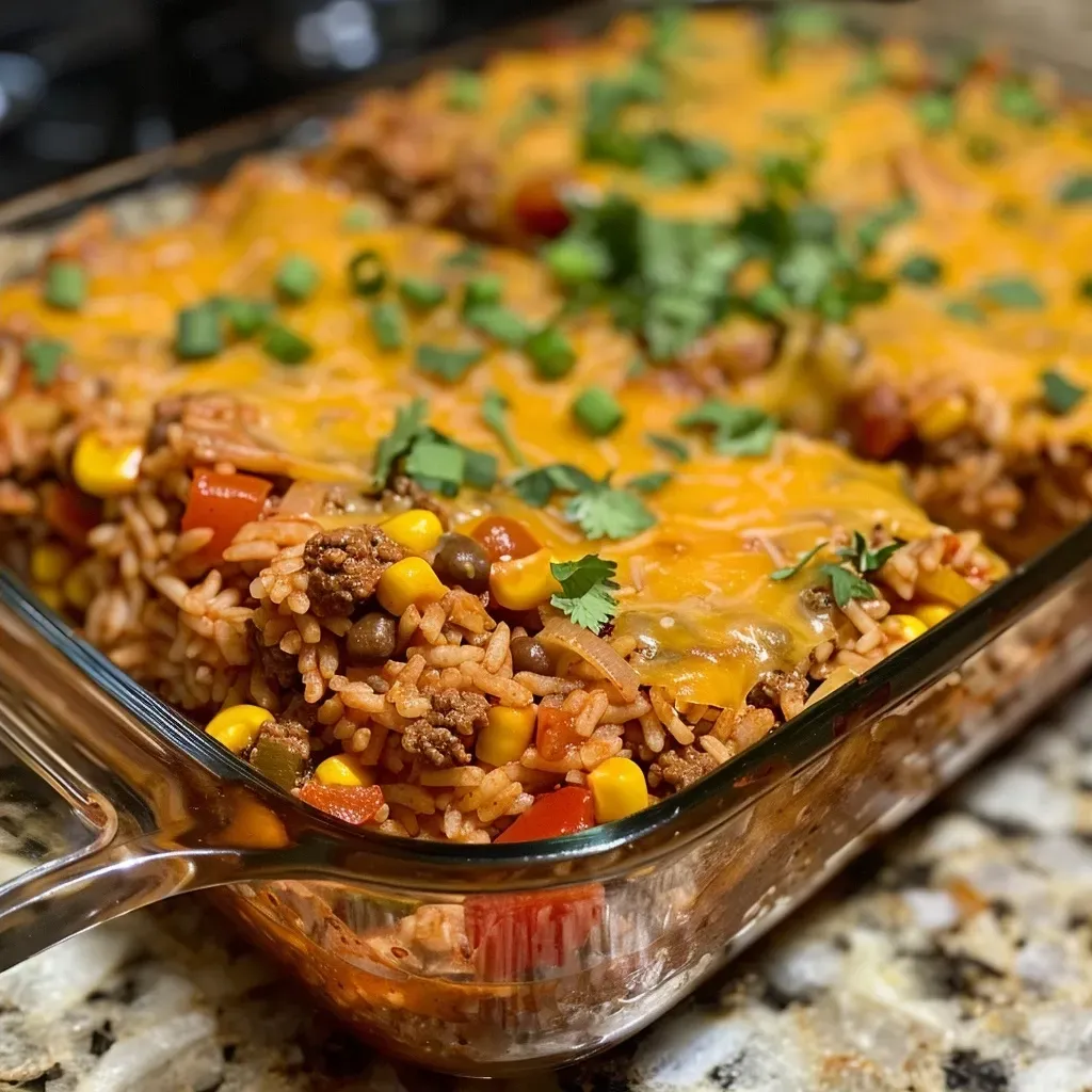 Close-up view of a Beef Enchilada Casserole layered with rice, garnished with green onions and cilantro.