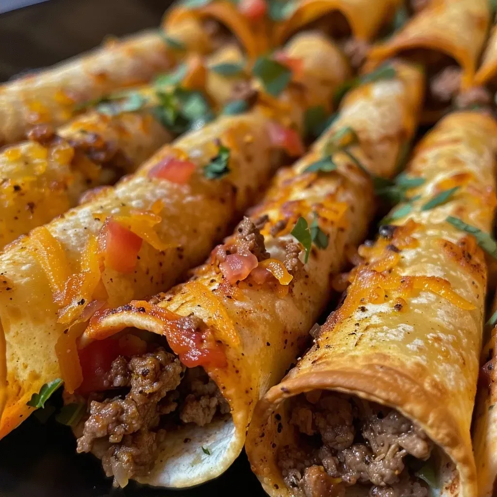 ['A close-up side view of a plate of golden-brown beef taquitos garnished with fresh toppings.', 'Juicy beef taquitos arranged neatly on a plate, showing crispy tortillas and colorful garnishes.', 'A side view of beef taquitos filled with flavorful meat, accompanied by vibrant guacamole and salsa.', 'Crispy beef taquitos on a platter, with diced tomatoes and chopped cilantro adding vibrant color.']