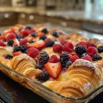 ['Close-up of a baked berry croissant dish with vibrant mixed berries and powdered sugar.', 'Side view of a golden, flaky berry croissant bake topped with fresh mint.', 'Delicious berry croissant breakfast bake displaying layers of croissant and berries.', 'Juicy berry croissant breakfast bake featuring a mix of strawberries, blueberries, and raspberries.']