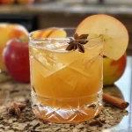['Close-up of a glass of Bourbon Apple Cider with apple slices and a cinnamon stick.', 'A side view of a cocktail glass filled with Bourbon Apple Cider and garnished with apple and star anise.', 'Juicy Bourbon Apple Cider in a clear glass, showcasing its warm color and garnishes.', 'Detailed view of Bourbon Apple Cider in a glass, featuring apple slices and spices on the rim.']