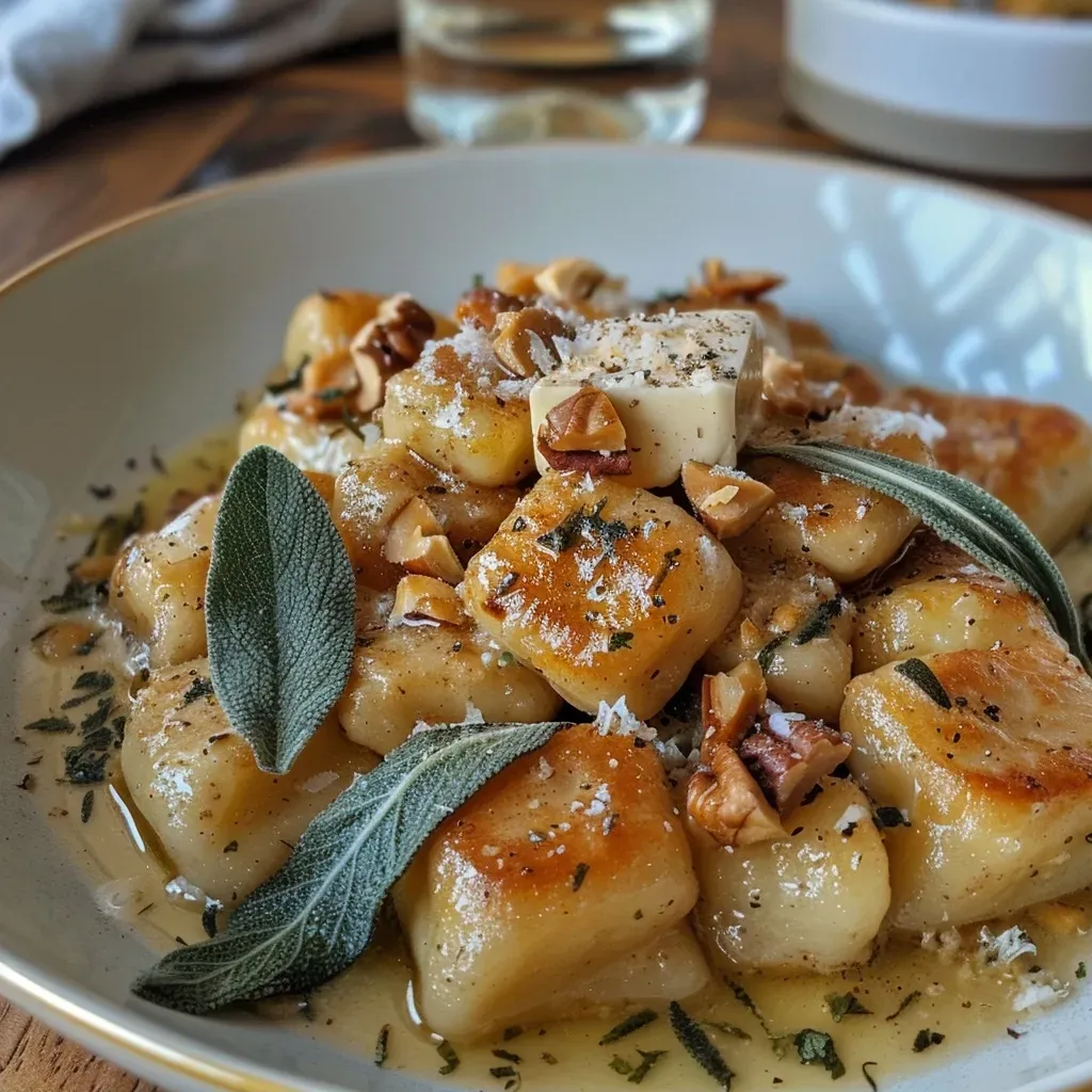 ['Close-up view of brown butter gnocchi topped with sage, parmesan, and walnuts.', 'Side view of golden-brown gnocchi with crispy sage leaves and chopped walnuts.', 'Juicy brown butter gnocchi garnished with parmesan and fresh sage on a plate.', 'Plated brown butter gnocchi with toasted walnuts and a sprinkle of cheese.']