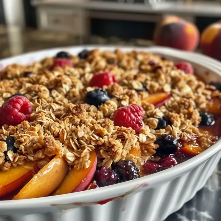 ['Close-up of a rustic Brown Butter Peach Berry Crisp with visible fruit and crumble topping.', 'Side view of a deliciously baked Brown Butter Peach Berry Crisp showcasing peaches and berries.', 'A tempting dish of Brown Butter Peach Berry Crisp, highlighting the golden crumble and fresh fruits.', 'Detailed view of Brown Butter Peach Berry Crisp featuring juicy peaches and scattered blueberries and raspberries.']