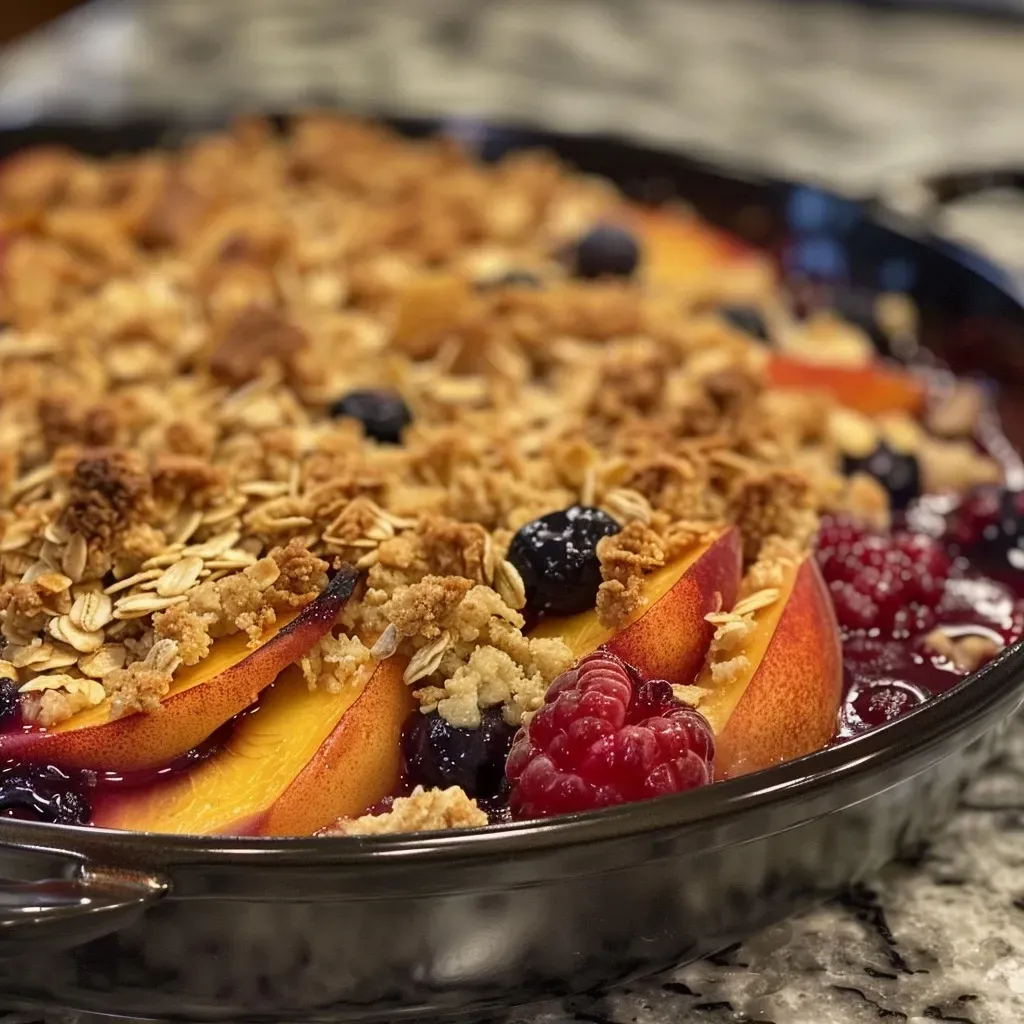 ['Close-up of a rustic Brown Butter Peach Berry Crisp with visible fruit and crumble topping.', 'Side view of a deliciously baked Brown Butter Peach Berry Crisp showcasing peaches and berries.', 'A tempting dish of Brown Butter Peach Berry Crisp, highlighting the golden crumble and fresh fruits.', 'Detailed view of Brown Butter Peach Berry Crisp featuring juicy peaches and scattered blueberries and raspberries.']