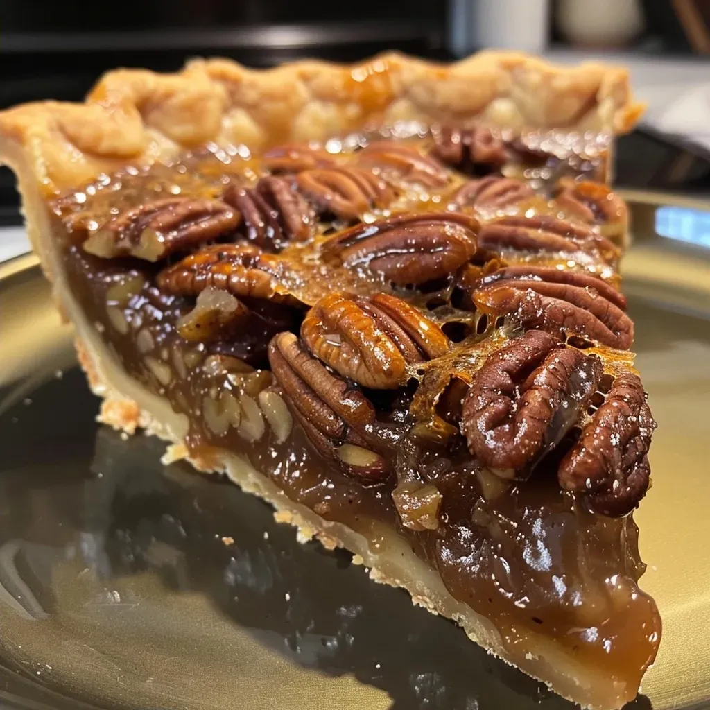 ['Close-up of a golden-brown butter pecan pie, showcasing a flaky crust and glossy filling.', 'Side view of a rich brown butter pecan pie, highlighting the pecan halves and caramelized surface.', 'Detailed shot of freshly baked brown butter pecan pie with a shiny, nut-studded filling.', 'Side perspective of a decadent brown butter pecan pie, displaying its crispy crust and gooey texture.']
