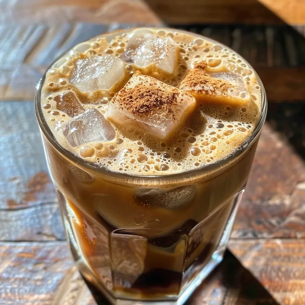 ['Close-up side view of a Brown Sugar Shaken Espresso in a clear glass, showcasing its layers and color.', 'Detailed view of a glass filled with Brown Sugar Shaken Espresso, highlighting the ice cubes and creamy texture.', 'Side angle of a Brown Sugar Shaken Espresso drink, with visible espresso shots and frothy oat milk.', 'Close-up side image of a Brown Sugar Shaken Espresso, with a sprinkle of cinnamon on top.']