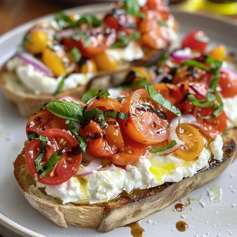 ['Close-up of a vibrant Burrata Bruschetta topped with fresh ingredients.', 'Side view of Burrata Bruschetta showcasing juicy tomatoes and creamy cheese.', 'Detailed shot of Bruschetta with burrata, basil, and colorful cherry tomatoes.', 'Freshly prepared Burrata Bruschetta with olive oil and balsamic drizzle.']