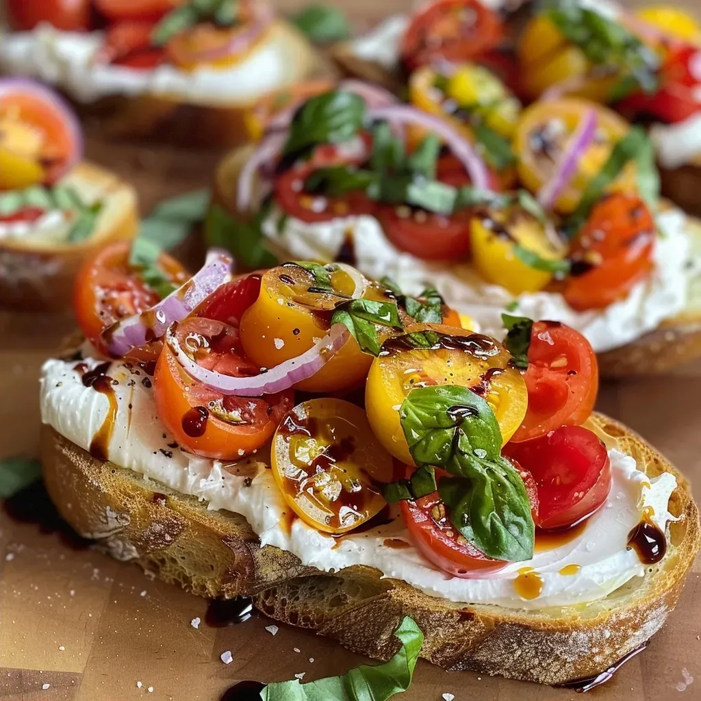 ['Close-up of a vibrant Burrata Bruschetta topped with fresh ingredients.', 'Side view of Burrata Bruschetta showcasing juicy tomatoes and creamy cheese.', 'Detailed shot of Bruschetta with burrata, basil, and colorful cherry tomatoes.', 'Freshly prepared Burrata Bruschetta with olive oil and balsamic drizzle.']