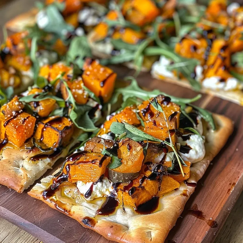 Close-up view of a butternut squash flatbread topped with kale, garlic, and pancetta.