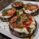 ['Close-up of Caprese stuffed Portobello mushrooms with mozzarella and tomatoes.', 'Deliciously stuffed Portobello mushrooms featuring fresh mozzarella and basil.', 'Side view of juicy Portobello mushrooms filled with Caprese ingredients.', 'Colorful Caprese stuffed mushrooms garnished with basil and balsamic drizzle.']