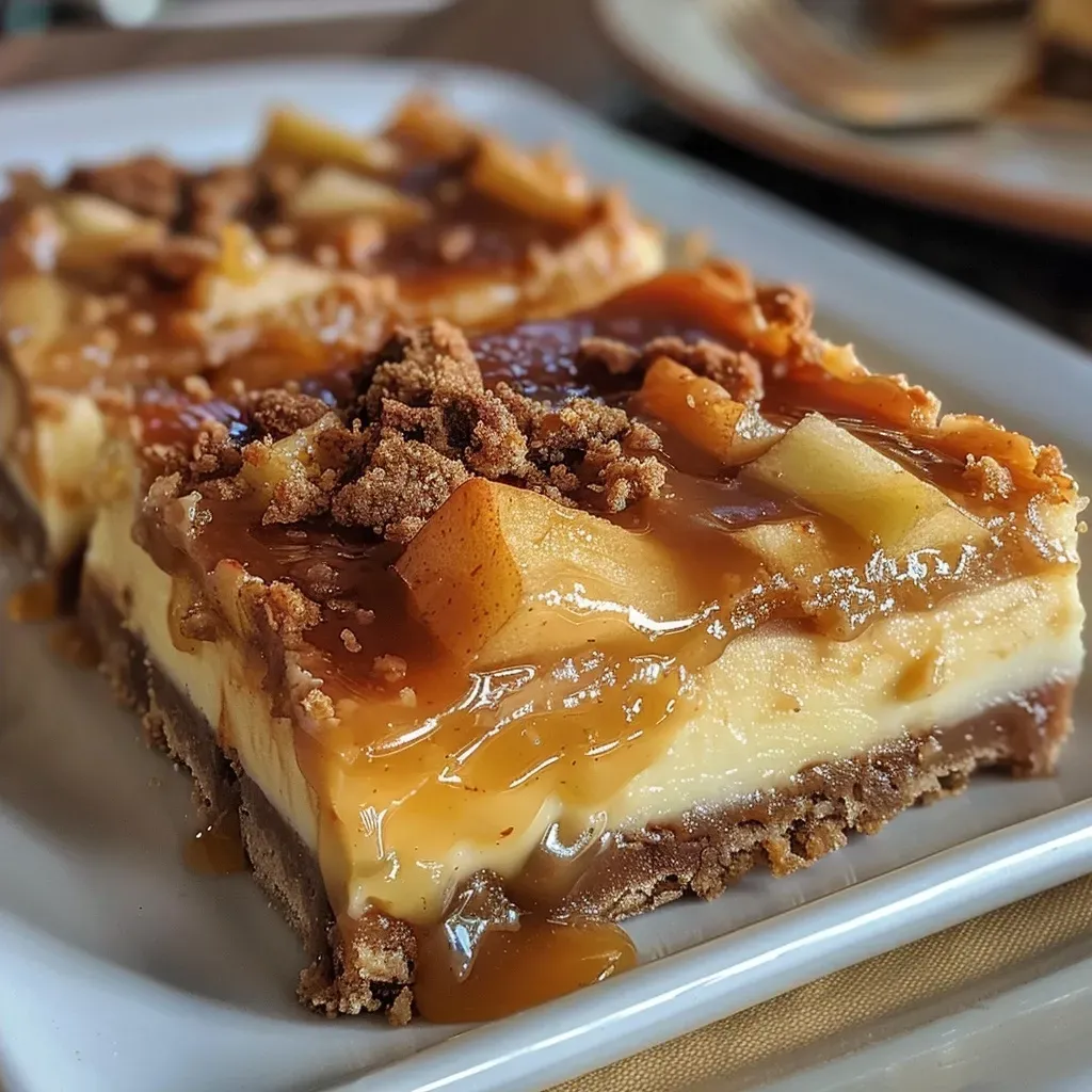 Close-up of caramel apple cheesecake bars with a golden crust and creamy filling.