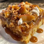 ['Close-up of a slice of Caramel Apple Poke Cake with caramel drizzle and toffee bits on top.', 'Side view of a moist Caramel Apple Poke Cake showing apple filling and whipped topping.', 'Detailed image of Caramel Apple Poke Cake highlighting its layers of caramel and apples.', 'Delicious Caramel Apple Poke Cake with a glossy caramel sauce and toffee bits displayed.']