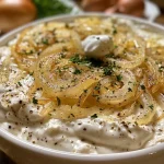 ['A creamy bowl of caramelized onion dip with fresh parsley garnish.', 'Close-up view of a delicious caramelized onion dip served with a sprinkle of herbs.', 'Side perspective of a rich onion dip, showcasing its smooth texture and garnishing.', 'Appetizing caramelized onion dip displayed in a white bowl, ready for dipping.']