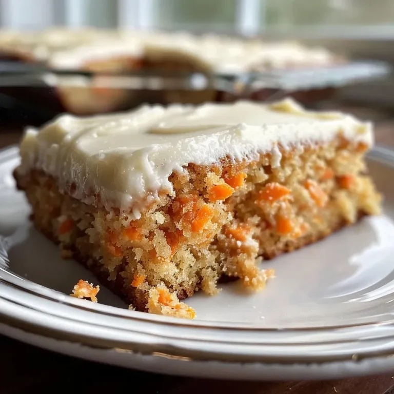 ['Close-up side view of a carrot cake sheet cake topped with cream cheese frosting.', 'Juicy carrot cake slice with a rich layer of cream cheese frosting on top.', 'A moist carrot cake sheet cake with visible shredded carrots and a creamy frosting layer.', 'Side view of a beautifully frosted carrot cake sheet, showcasing its texture and ingredients.']