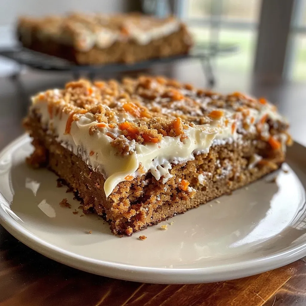['Close-up side view of a carrot cake sheet cake topped with cream cheese frosting.', 'Juicy carrot cake slice with a rich layer of cream cheese frosting on top.', 'A moist carrot cake sheet cake with visible shredded carrots and a creamy frosting layer.', 'Side view of a beautifully frosted carrot cake sheet, showcasing its texture and ingredients.']