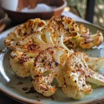 ['Close-up of a juicy cauliflower steak garnished with spices, showcasing a golden-brown exterior.', 'Side view of a roasted cauliflower steak with a crispy surface and vibrant seasonings visible.', 'A beautifully grilled cauliflower steak with a rich texture, highlighting paprika and garlic powder.', 'Detailed image of a cauliflower steak on a plate, drizzled with olive oil and sprinkled with sea salt.']