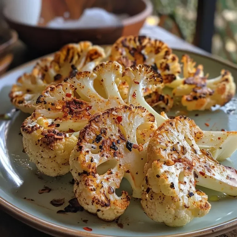 ['Close-up of a juicy cauliflower steak garnished with spices, showcasing a golden-brown exterior.', 'Side view of a roasted cauliflower steak with a crispy surface and vibrant seasonings visible.', 'A beautifully grilled cauliflower steak with a rich texture, highlighting paprika and garlic powder.', 'Detailed image of a cauliflower steak on a plate, drizzled with olive oil and sprinkled with sea salt.']