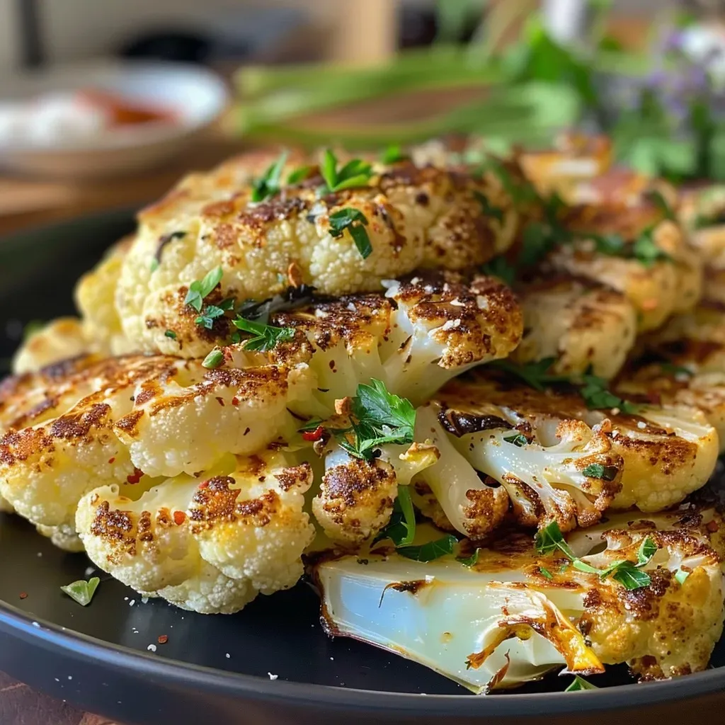 ['Close-up of a juicy cauliflower steak garnished with spices, showcasing a golden-brown exterior.', 'Side view of a roasted cauliflower steak with a crispy surface and vibrant seasonings visible.', 'A beautifully grilled cauliflower steak with a rich texture, highlighting paprika and garlic powder.', 'Detailed image of a cauliflower steak on a plate, drizzled with olive oil and sprinkled with sea salt.']