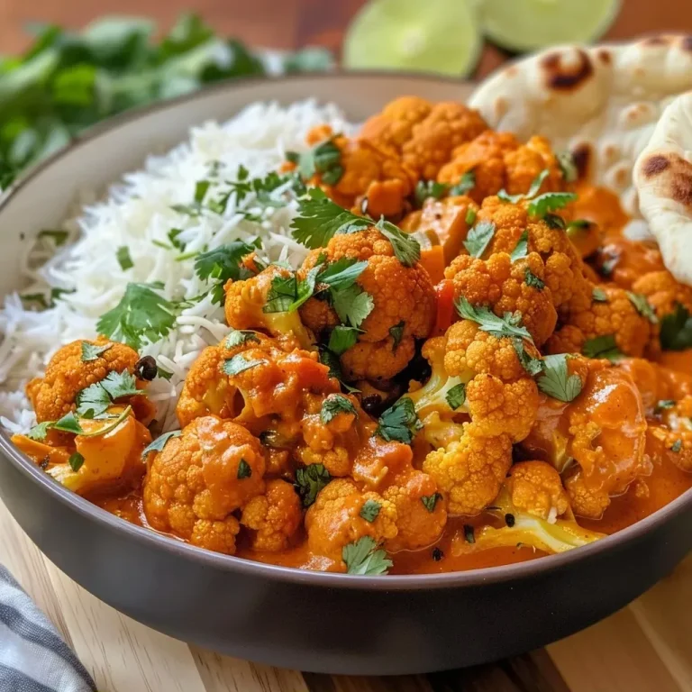 ['Close-up of a bowl filled with Cauliflower Tikka Masala, showcasing vibrant orange sauce and fresh cilantro.', 'Side view of Cauliflower Tikka Masala garnished with cilantro, presented in a well-lit setting.', 'Juicy Cauliflower Tikka Masala in a bowl, highlighting the rich tomato and spice sauce with pieces of cauliflower.', 'Detailed view of Cauliflower Tikka Masala, emphasizing the texture of the sauce and the chopped cilantro on top.']