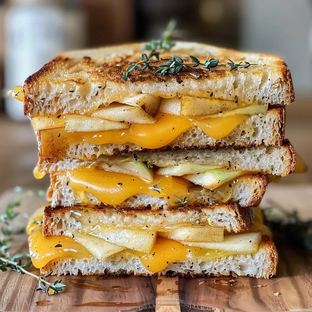 A close-up view of a grilled cheese sandwich with cheddar and apple slices, showing melted cheese and crispy bread.