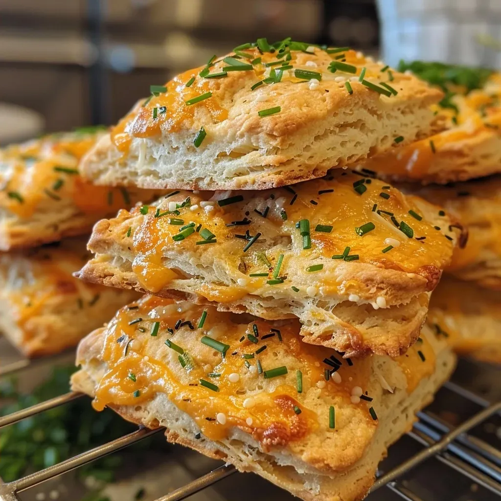 ['Close-up view of golden Cheddar Chive Biscuits with melted cheese and chives visible.', 'Side view of freshly baked Cheddar Chive Biscuits showcasing their flaky texture and ingredients.', 'Delicious Cheddar Chive Biscuits with a crispy exterior and soft inside, garnished with chopped chives.', 'Tantalizing Cheddar Chive Biscuits displaying a rich color and inviting aroma.']