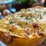 ['Close-up of a baked spaghetti squash filled with cheesy Alfredo sauce and melted mozzarella.', 'Side view of a golden baked spaghetti squash topped with creamy Alfredo sauce and cheese.', 'Juicy, cheesy spaghetti squash served in a dish, showcasing its creamy texture and toppings.', 'Deliciously baked spaghetti squash with Alfredo sauce and melted cheese, captured from the side.']