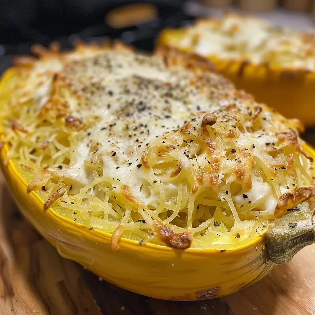 Close-up of a baked spaghetti squash filled with cheesy Alfredo sauce and melted mozzarella.
