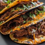 ['Juicy Cheesy Birria Tacos stacked on a plate with consomé in the background.', 'Close-up view of melted cheese oozing from a Birria Taco, with a side of consomé.', 'Colorful display of Birria Tacos with cheese, garnished and served with flavorful broth.', 'Side view of a delicious Cheesy Birria Taco revealing tender beef and melted cheese.']