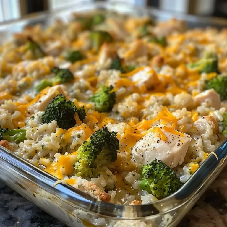 ['Close-up view of a Chicken Broccoli Rice Casserole in a baking dish, showcasing creamy texture and melted cheese.', 'Side angle of a golden-brown Chicken Broccoli Rice Casserole, with vibrant green broccoli and chunks of chicken visible.', 'Juicy Chicken Broccoli Rice Casserole with a crispy Ritz cracker topping, highlighted under natural light.', 'Delicious Chicken Broccoli Rice Casserole displayed in a white dish, featuring layers of rice, chicken, and creamy sauce.']