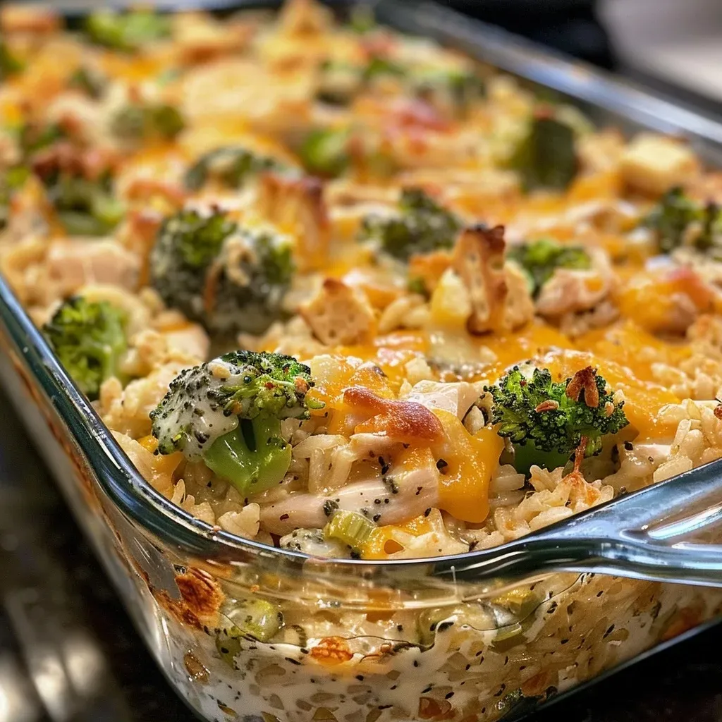 Close-up view of a Chicken Broccoli Rice Casserole in a baking dish, showcasing creamy texture and melted cheese.