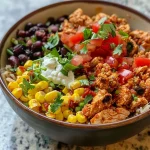 ['Close-up view of a Chicken Burrito Bowl with colorful ingredients layered in a meal prep container.', 'Side view of a Chicken Burrito Bowl showcasing brown rice, ground chicken, and fresh toppings.', 'A vibrant Chicken Burrito Bowl filled with rice, black beans, corn, and garnished with pico de gallo.', 'Delicious Chicken Burrito Bowl featuring ground chicken and Greek yogurt in a meal prep setup.']