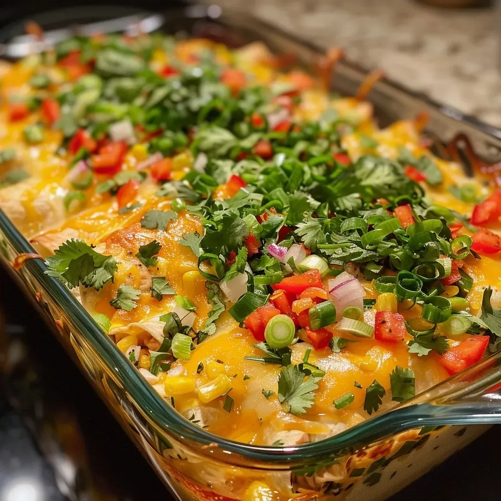 Close-up view of a baked Chicken Poblano Casserole with melted cheese on top.