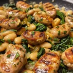 ['Close-up of a Chicken Sausage White Bean Skillet with golden sausage and greens.', 'Juicy Chicken Sausage White Bean Skillet featuring cannellini beans and spinach.', 'Side view of a vibrant Chicken Sausage White Bean dish filled with sausages and vegetables.', 'Colorful Chicken Sausage White Bean Skillet showcasing cooked sausage, beans, and spinach.']