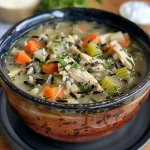 ['Close-up view of a creamy Chicken Wild Rice Soup with vegetables.', 'Side view of Chicken Wild Rice Soup in a bowl, featuring chunks of chicken and rice.', 'Juicy Chicken Wild Rice Soup with a variety of vegetables, garnished with parsley.', 'Delicious Chicken Wild Rice Soup, showcasing its creamy texture and hearty ingredients.']
