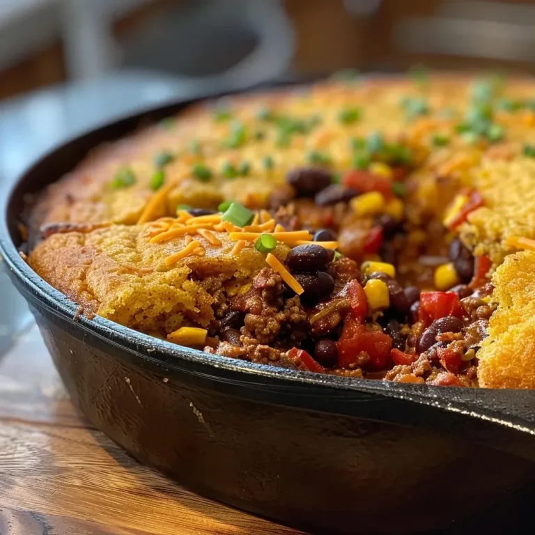 ['Close-up view of a skillet filled with chili and cornbread, showcasing a golden brown cornbread topping and colorful ingredients.', 'Side view of a Chili and Cornbread Skillet Bake, highlighting the layers of beef chili, beans, and melted cheese under cornbread.', 'A vibrant skillet filled with chili topped with cornbread, garnished with sliced green onions and a sprinkle of cheese.', 'Detailed shot of a baked chili and cornbread dish, focusing on the texture of the cornbread and the rich colors of the chili.']