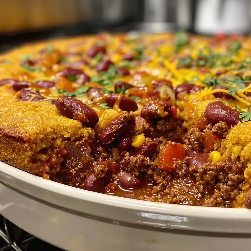 ['Close-up view of a skillet filled with chili and cornbread, showcasing a golden brown cornbread topping and colorful ingredients.', 'Side view of a Chili and Cornbread Skillet Bake, highlighting the layers of beef chili, beans, and melted cheese under cornbread.', 'A vibrant skillet filled with chili topped with cornbread, garnished with sliced green onions and a sprinkle of cheese.', 'Detailed shot of a baked chili and cornbread dish, focusing on the texture of the cornbread and the rich colors of the chili.']