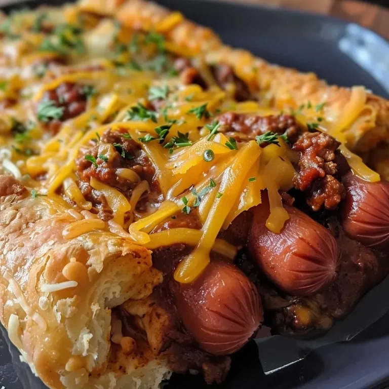 ['Close-up view of a baked Chili Cheese Dog Casserole topped with melted cheese.', 'Side angle of a savory Chili Cheese Dog Casserole with hot dogs and cheese.', 'Juicy Chili Cheese Dog Casserole featuring golden crescent roll crust.', 'Deliciously layered Chili Cheese Dog Casserole with crispy edges and toppings.']
