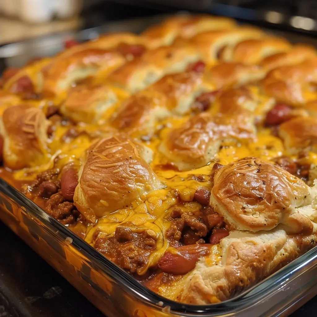 Close-up of a baked chili cheese dog casserole topped with melted cheddar cheese.