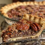['Close-up view of a Chocolate Bourbon Pecan Pie with a golden crust and a glossy filling.', 'Side view of a slice of Chocolate Bourbon Pecan Pie showcasing its rich chocolate and pecan layers.', 'Deliciously decadent Chocolate Bourbon Pecan Pie displayed on a rustic plate with a fork beside it.', 'A mouthwatering slice of Chocolate Bourbon Pecan Pie highlighting its gooey chocolate and crunchy pecans.']
