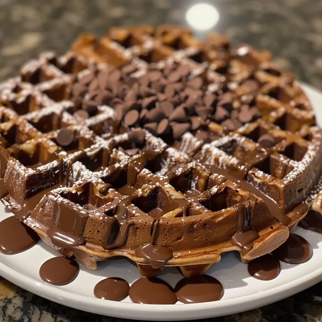 ['Close-up view of delicious chocolate chai waffles topped with spiced chocolate syrup.', 'Side view of chocolate chai waffles drizzled with rich chocolate syrup and served with ice cream.', 'Juicy chocolate chai waffles in a close-up, highlighting the spiced chocolate syrup and ice cream.', 'Mouthwatering chocolate chai waffles with a side of melted chocolate syrup and a scoop of vanilla ice cream.']