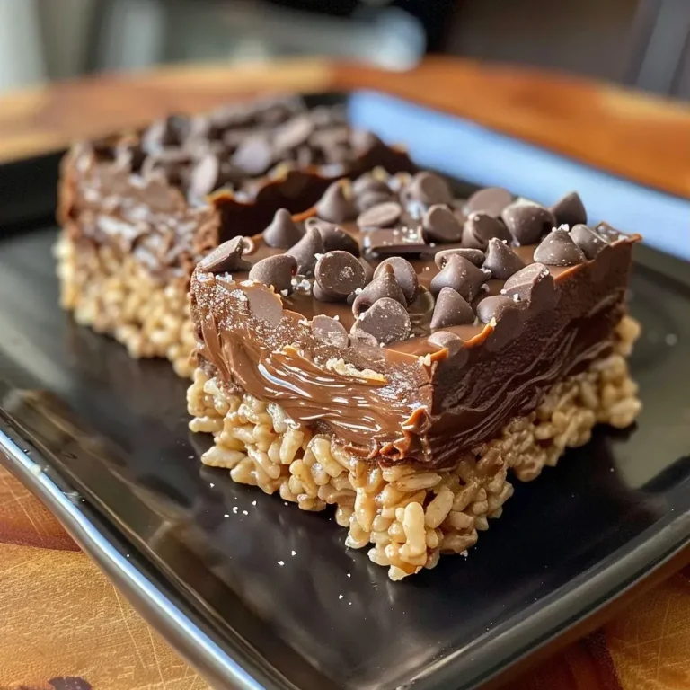 ['Close-up of Chocolate Peanut Butter Rice Krispie Squares with a glossy chocolate topping and a sprinkle of flaky sea salt.', 'Side view of layered Rice Krispie squares showcasing a rich chocolate and peanut butter texture.', 'Juicy Chocolate Peanut Butter Rice Krispie Squares highlighted with shiny melted chocolate and sea salt.', 'Delicious dessert squares featuring a peanut butter base and a chocolate glaze, presented on a wooden surface.']