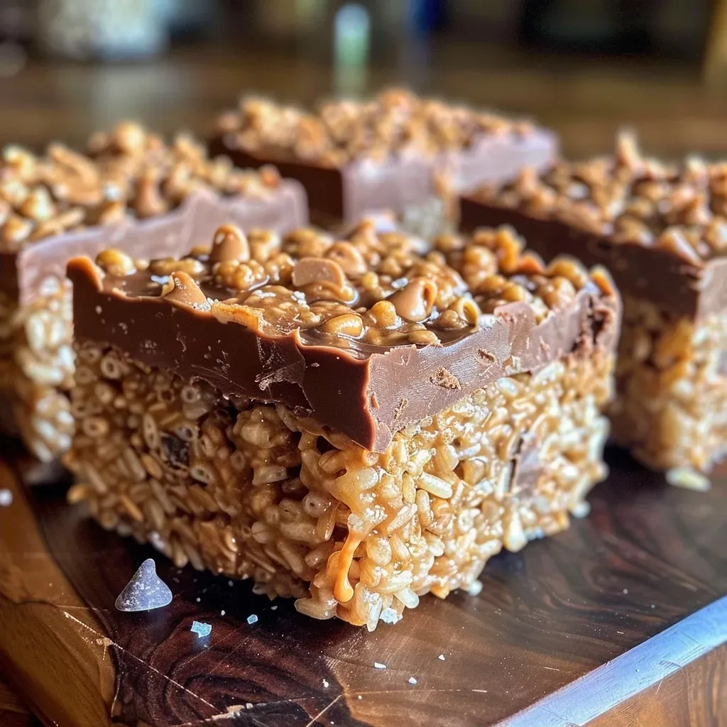 ['Close-up of Chocolate Peanut Butter Rice Krispie Squares with a glossy chocolate topping and a sprinkle of flaky sea salt.', 'Side view of layered Rice Krispie squares showcasing a rich chocolate and peanut butter texture.', 'Juicy Chocolate Peanut Butter Rice Krispie Squares highlighted with shiny melted chocolate and sea salt.', 'Delicious dessert squares featuring a peanut butter base and a chocolate glaze, presented on a wooden surface.']