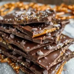 ['Close-up view of Chocolate Salted Caramel Pretzel Bark featuring melted chocolate and pretzels.', 'Side angle of a glossy Chocolate Salted Caramel Pretzel Bark with caramel drizzles and salt flakes.', 'Textured shot of Chocolate Salted Caramel Pretzel Bark showcasing the contrast between dark chocolate and pretzels.', 'Detailed image of Chocolate Salted Caramel Pretzel Bark highlighting the caramel layer and flaky salt.']