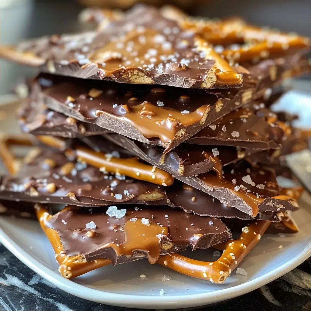 ['Close-up view of Chocolate Salted Caramel Pretzel Bark featuring melted chocolate and pretzels.', 'Side angle of a glossy Chocolate Salted Caramel Pretzel Bark with caramel drizzles and salt flakes.', 'Textured shot of Chocolate Salted Caramel Pretzel Bark showcasing the contrast between dark chocolate and pretzels.', 'Detailed image of Chocolate Salted Caramel Pretzel Bark highlighting the caramel layer and flaky salt.']