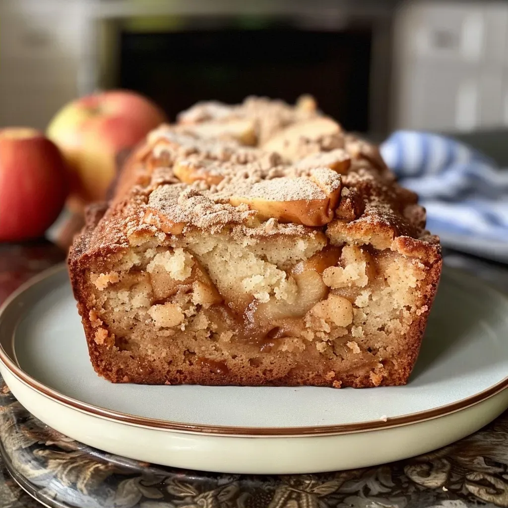 ['Close-up view of freshly baked Cinnamon Apple Bread with a golden crust.', 'Side angle photo showcasing soft, moist Cinnamon Apple Bread with apple chunks.', 'Juicy Cinnamon Apple Bread highlighting a rich cinnamon topping and apple slices.', 'Textured close-up of delicious Cinnamon Apple Bread with a warm, aromatic appearance.']