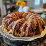 ['Close-up of a fluffy Cinnamon Roll Bundt Cake with a caramel glaze.', 'Side view of a Cinnamon Roll Bundt Cake topped with creamy frosting and pecans.', 'Detailed view of a freshly baked Cinnamon Roll Bundt Cake with icing and cinnamon swirls.', 'Juicy, golden-brown Cinnamon Roll Bundt Cake adorned with a drizzle of icing.']