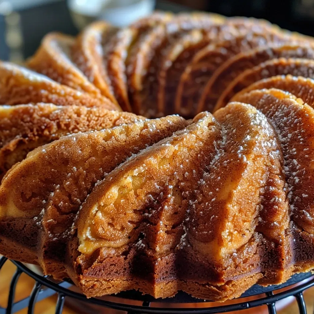 ['Close-up of a fluffy Cinnamon Roll Bundt Cake with a caramel glaze.', 'Side view of a Cinnamon Roll Bundt Cake topped with creamy frosting and pecans.', 'Detailed view of a freshly baked Cinnamon Roll Bundt Cake with icing and cinnamon swirls.', 'Juicy, golden-brown Cinnamon Roll Bundt Cake adorned with a drizzle of icing.']