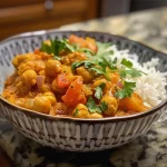 ['A close-up view of a bowl of Coconut Chickpea Curry, featuring vibrant colors and creamy texture.', 'Side view of a delicious Coconut Chickpea Curry in a white bowl, garnished with cilantro.', 'Juicy Coconut Chickpea Curry displayed in a bowl, showcasing ingredients like chickpeas and coconut milk.', 'Close-up image of Coconut Chickpea Curry, highlighting its rich consistency and fresh garnishes.']