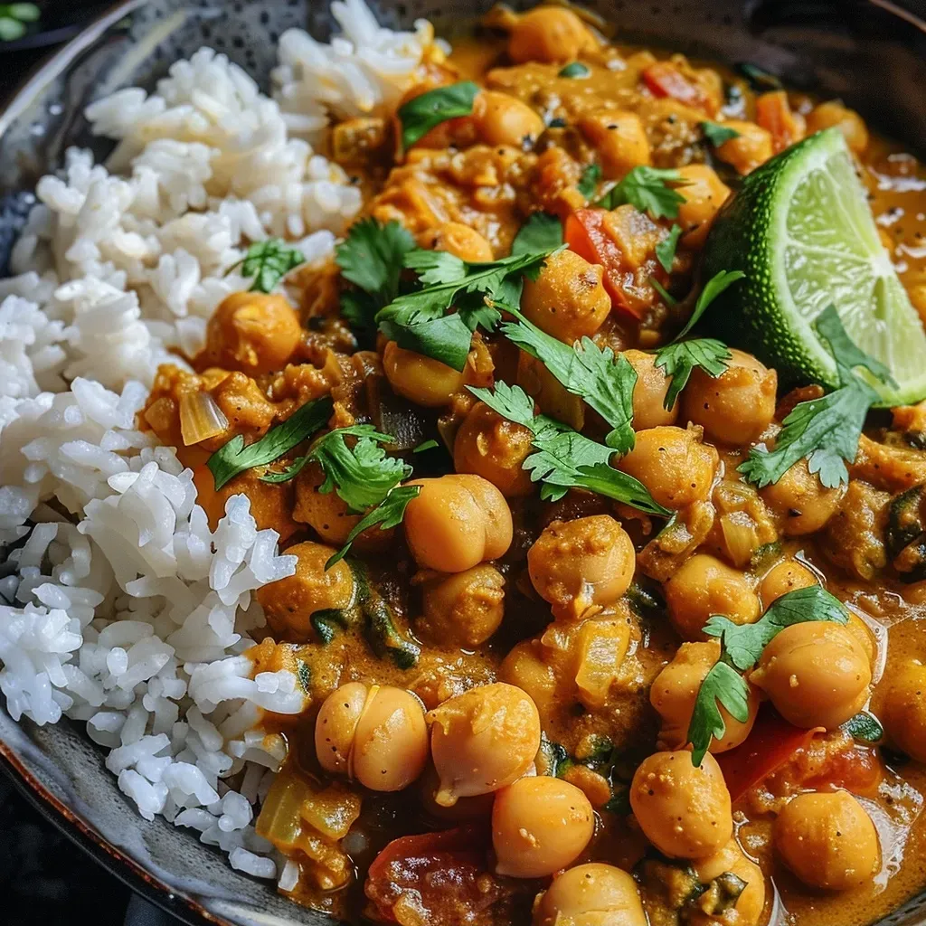['A close-up view of a bowl of Coconut Chickpea Curry, featuring vibrant colors and creamy texture.', 'Side view of a delicious Coconut Chickpea Curry in a white bowl, garnished with cilantro.', 'Juicy Coconut Chickpea Curry displayed in a bowl, showcasing ingredients like chickpeas and coconut milk.', 'Close-up image of Coconut Chickpea Curry, highlighting its rich consistency and fresh garnishes.']